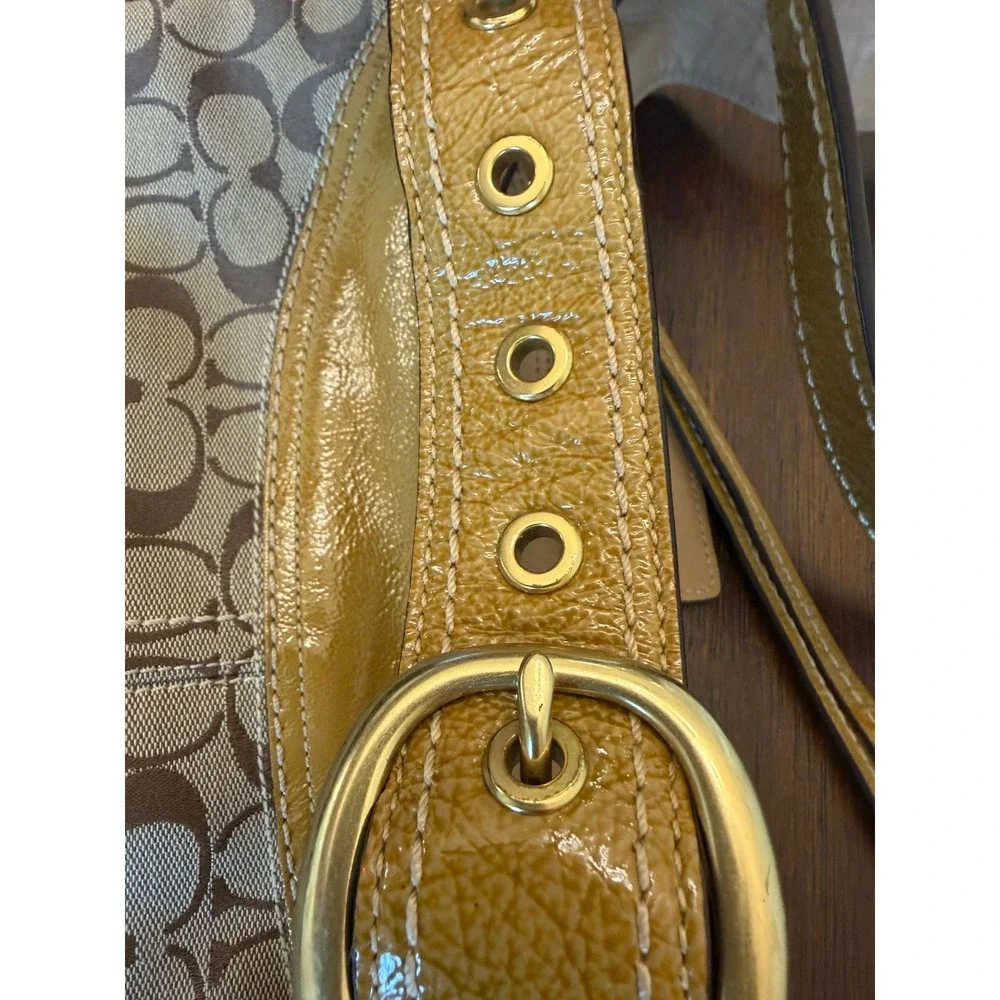 Coach Signature Jacquard Hobo Bag Yellow Patent Leather Trim Khaki Monogram